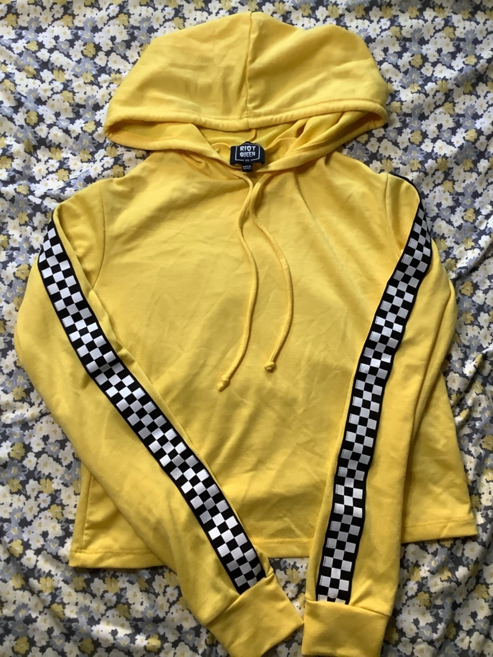 Riot Queen Yellow Hoodie with Checkerboard Sleeve Stripes